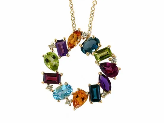 14K EFFY YG 3.91 CT Multicolor Gemstone Circle Pendant