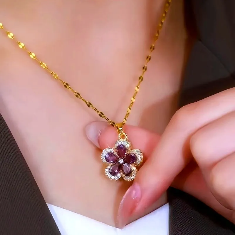 14K Gold-Plated Luxury Purple Crystal Flower Necklaces
