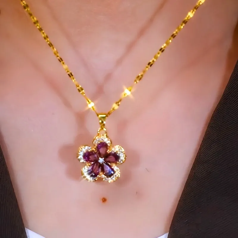14K Gold-Plated Luxury Purple Crystal Flower Necklaces