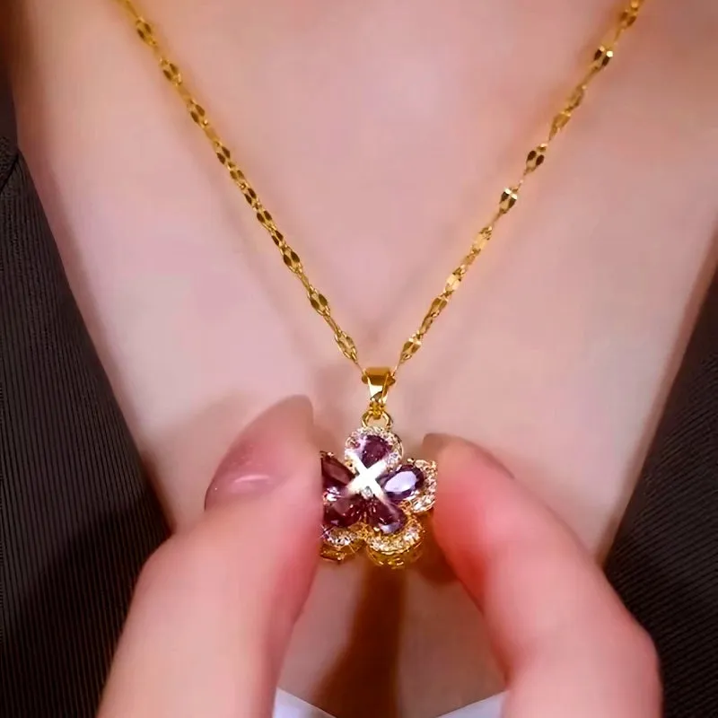 14K Gold-Plated Luxury Purple Crystal Flower Necklaces