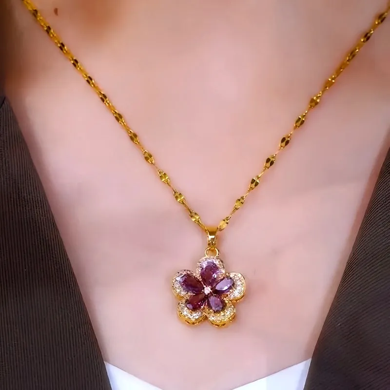14K Gold-Plated Luxury Purple Crystal Flower Necklaces
