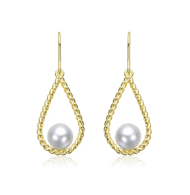 14K Gold Plated with White Pearl Twisted Teardrop Dangle Earrings