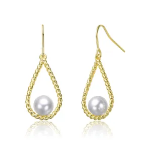 14K Gold Plated with White Pearl Twisted Teardrop Dangle Earrings