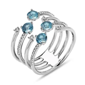 14k White Gold 1.10cttw Blue Topaz & .19cttw Diamonds Open Stacked Band