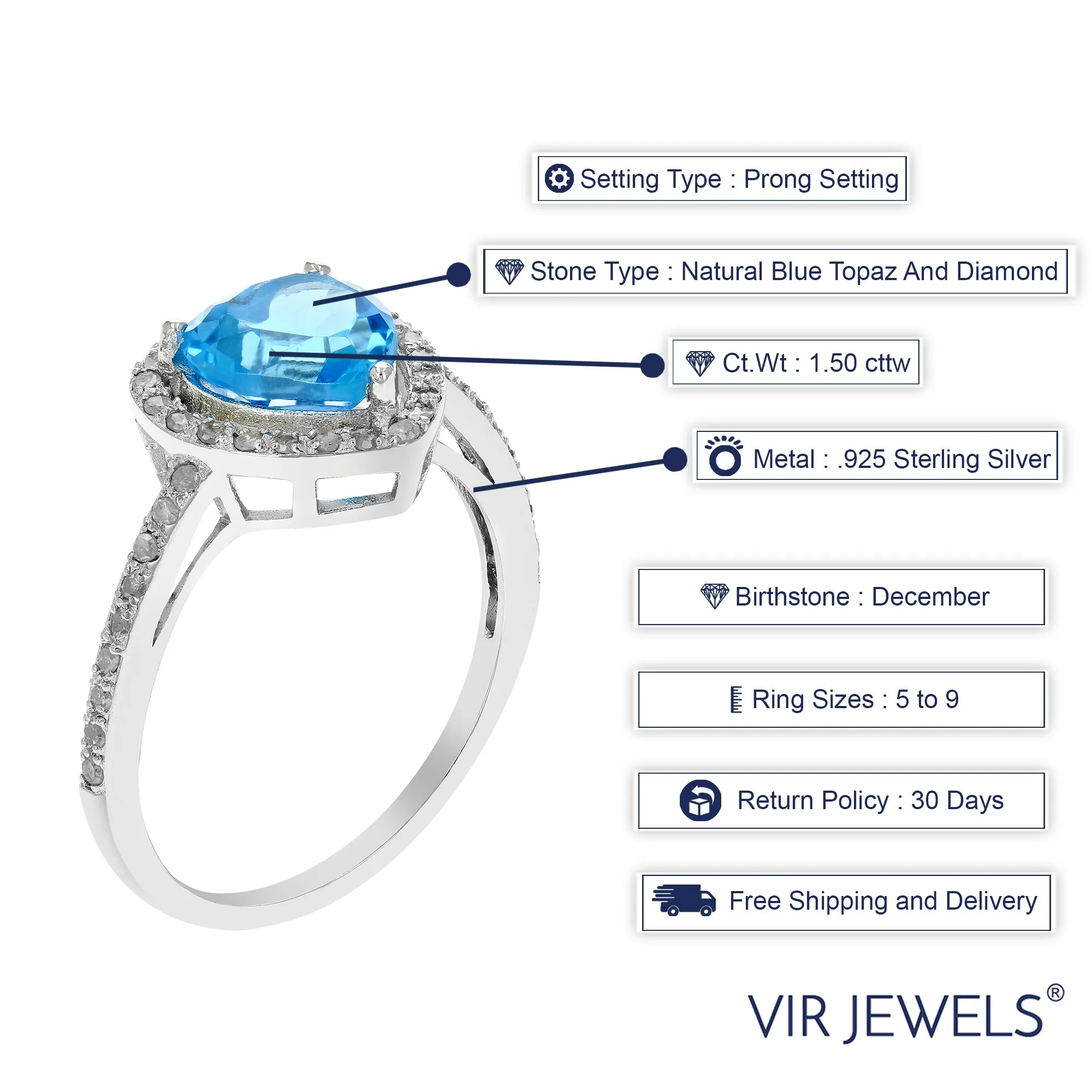 1.50 cttw Swiss Blue Topaz and Diamond Heart Ring .925 Sterling Silver