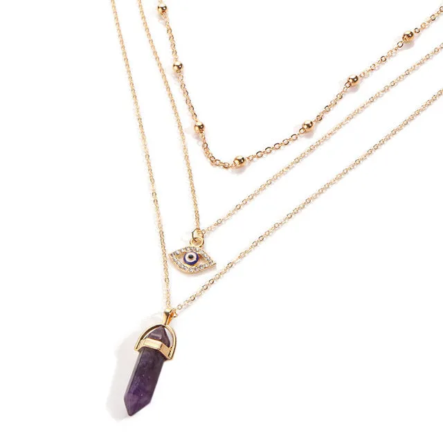 17KM Vintage Opal Stone Chokers Necklaces Fashion Multi Layer Crystal Eye Pendant Necklace Statement Bohemian Jewelry for Women
