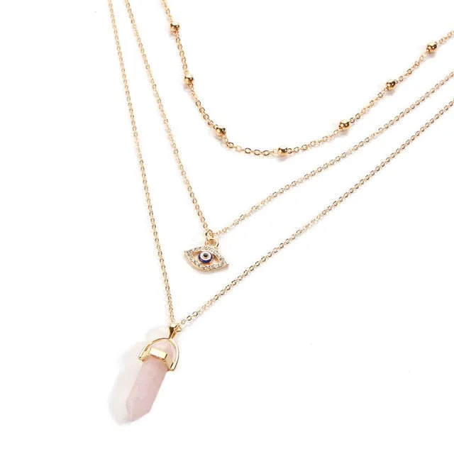 17KM Vintage Opal Stone Chokers Necklaces Fashion Multi Layer Crystal Eye Pendant Necklace Statement Bohemian Jewelry for Women