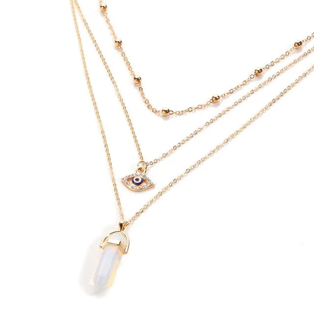 17KM Vintage Opal Stone Chokers Necklaces Fashion Multi Layer Crystal Eye Pendant Necklace Statement Bohemian Jewelry for Women