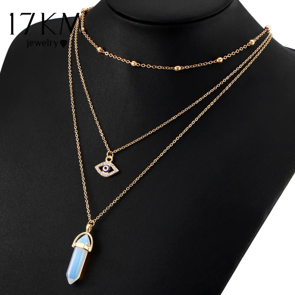 17KM Vintage Opal Stone Chokers Necklaces Fashion Multi Layer Crystal Eye Pendant Necklace Statement Bohemian Jewelry for Women