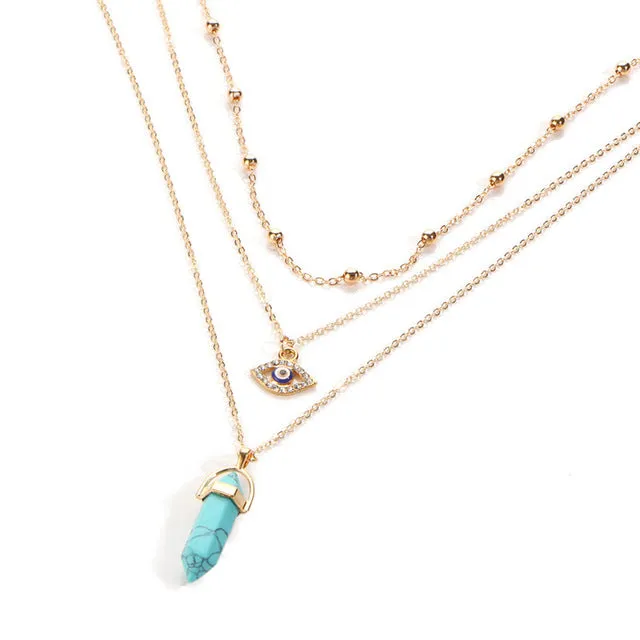 17KM Vintage Opal Stone Chokers Necklaces Fashion Multi Layer Crystal Eye Pendant Necklace Statement Bohemian Jewelry for Women