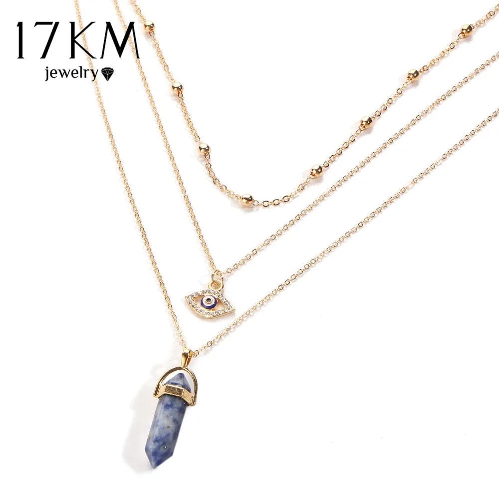 17KM Vintage Opal Stone Chokers Necklaces Fashion Multi Layer Crystal Eye Pendant Necklace Statement Bohemian Jewelry for Women