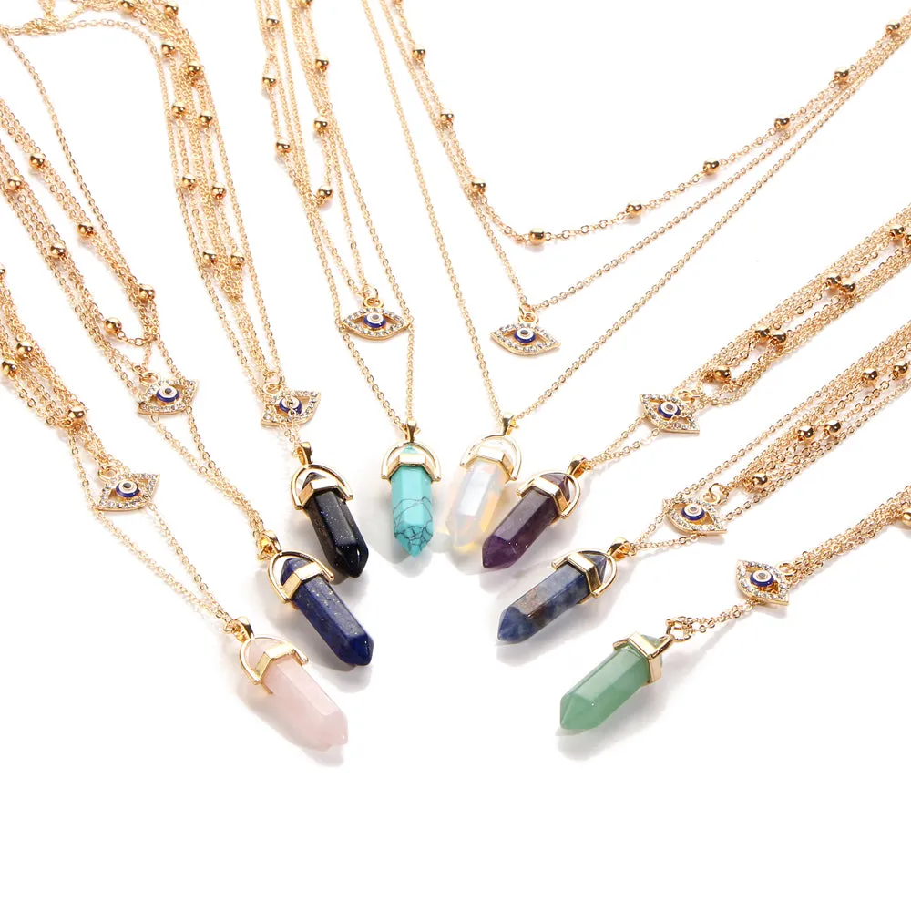 17KM Vintage Opal Stone Chokers Necklaces Fashion Multi Layer Crystal Eye Pendant Necklace Statement Bohemian Jewelry for Women