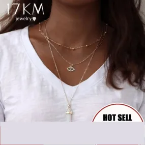 17KM Vintage Opal Stone Chokers Necklaces Fashion Multi Layer Crystal Eye Pendant Necklace Statement Bohemian Jewelry for Women