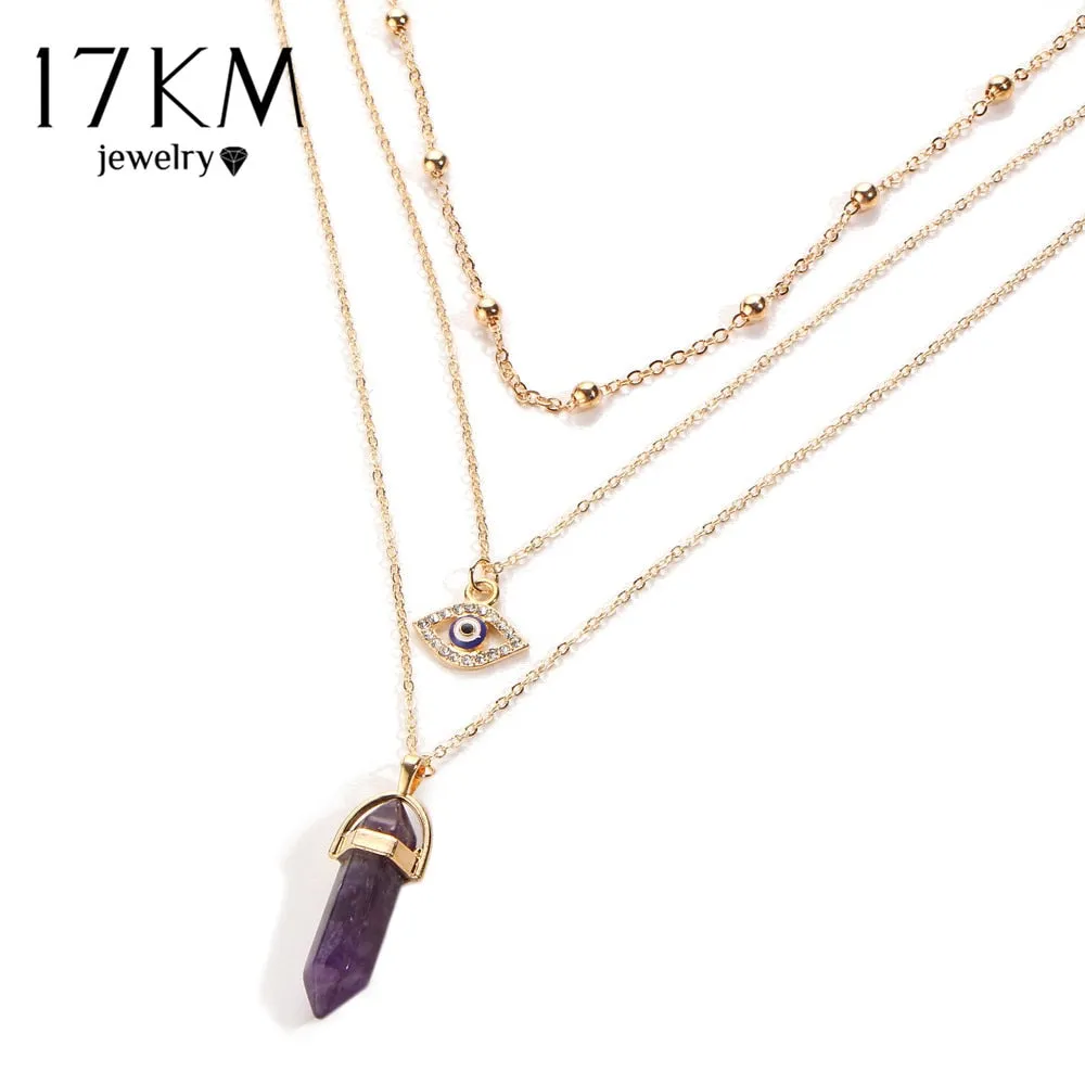 17KM Vintage Opal Stone Chokers Necklaces Fashion Multi Layer Crystal Eye Pendant Necklace Statement Bohemian Jewelry for Women