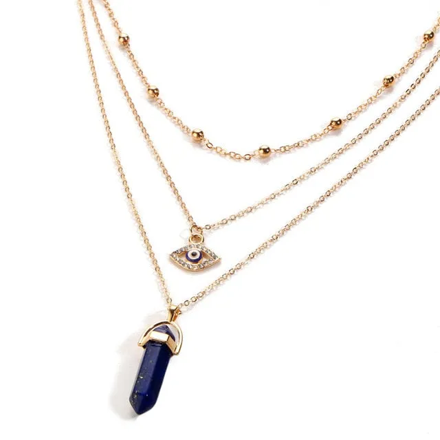 17KM Vintage Opal Stone Chokers Necklaces Fashion Multi Layer Crystal Eye Pendant Necklace Statement Bohemian Jewelry for Women