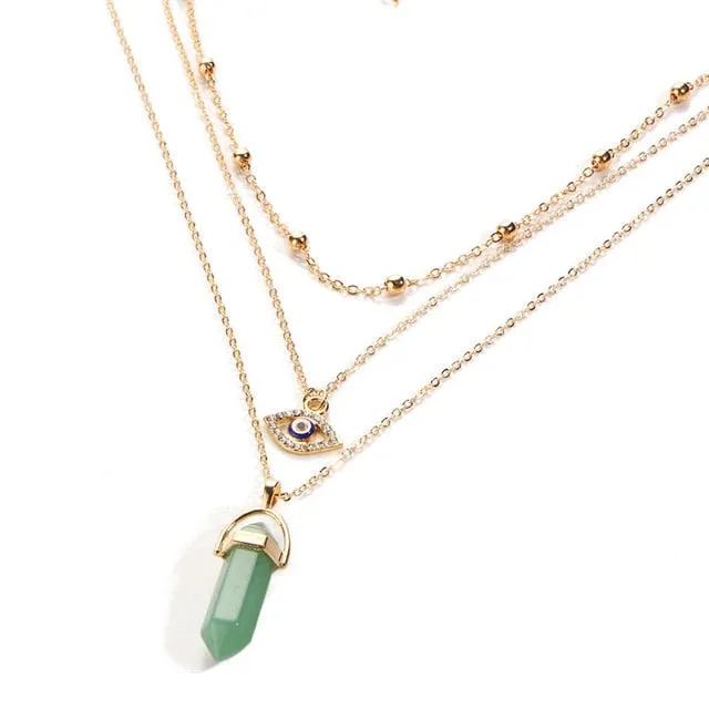 17KM Vintage Opal Stone Chokers Necklaces Fashion Multi Layer Crystal Eye Pendant Necklace Statement Bohemian Jewelry for Women