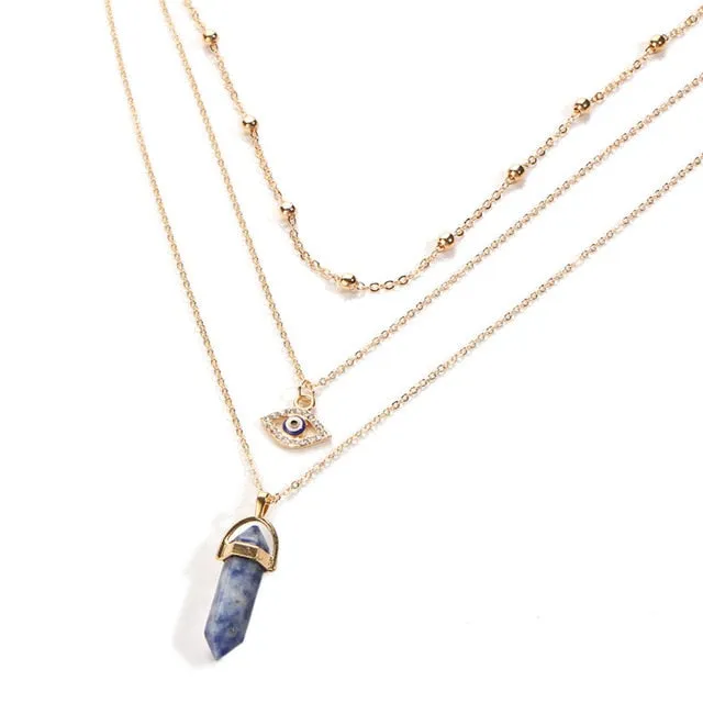 17KM Vintage Opal Stone Chokers Necklaces Fashion Multi Layer Crystal Eye Pendant Necklace Statement Bohemian Jewelry for Women
