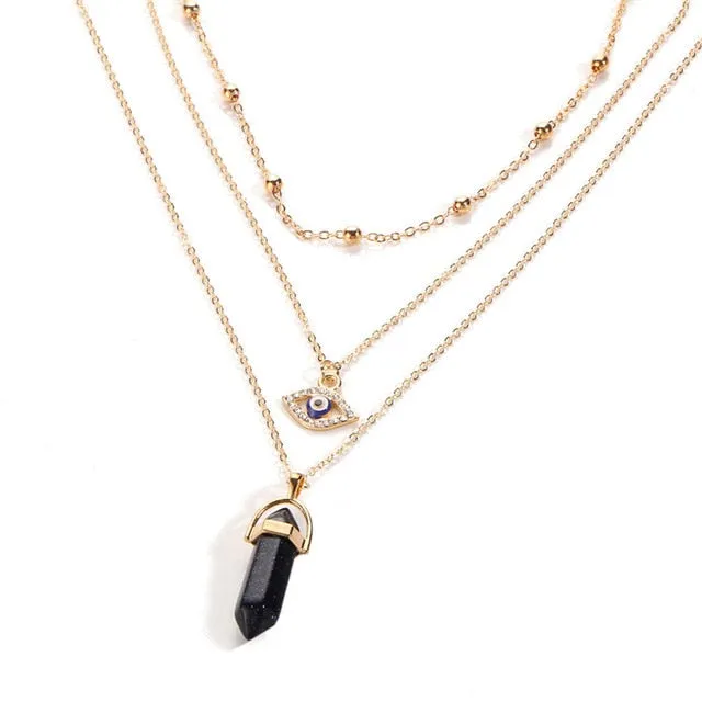17KM Vintage Opal Stone Chokers Necklaces Fashion Multi Layer Crystal Eye Pendant Necklace Statement Bohemian Jewelry for Women