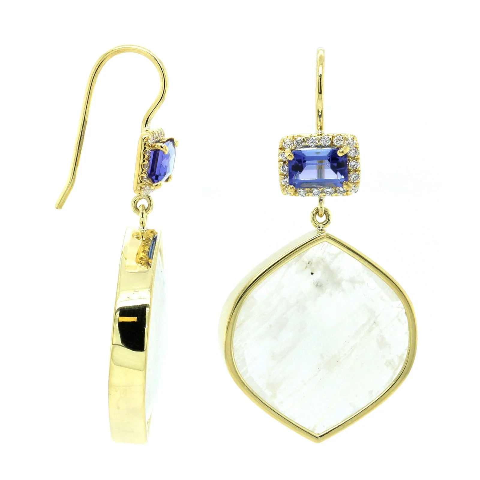 18K Yellow Gold Tanzanite and Moonstone Diamond Drop Earrings