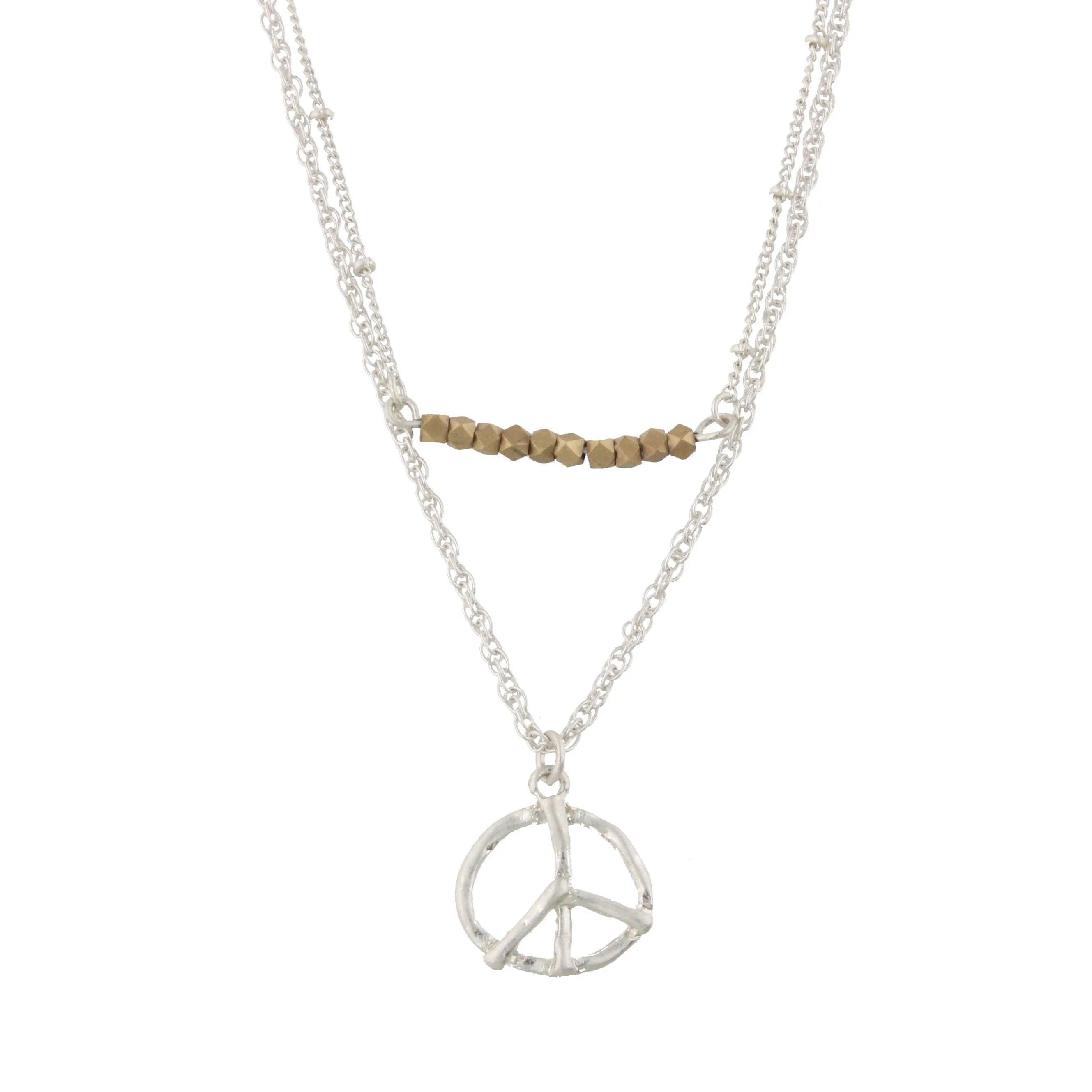 18" with 3" Extender Silver Double Bar Necklace - Peace Sign