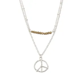 18" with 3" Extender Silver Double Bar Necklace - Peace Sign