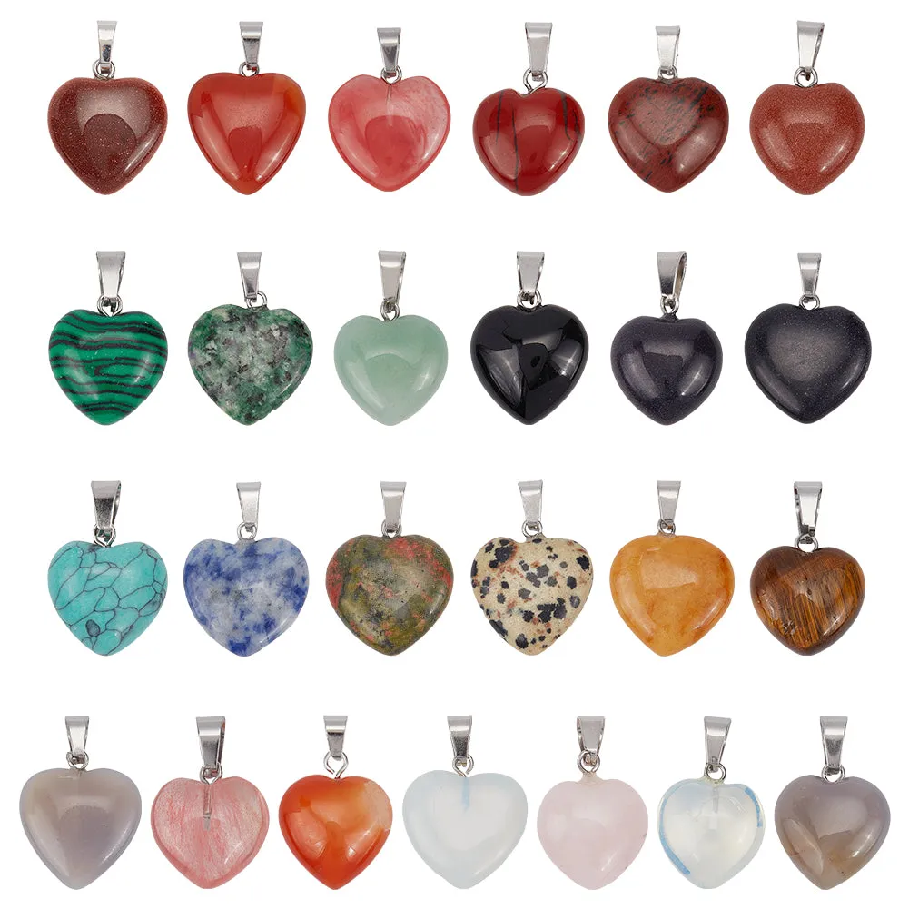 25Pcs Heart Natural & Synthetic Gemstone Pendants, with Platinum Tone Brass Findings, 17~22x15~21x5~9mm, Hole: 2x7mm