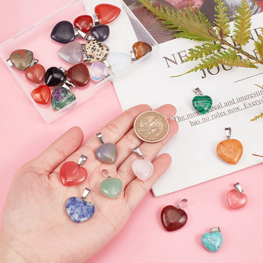 25Pcs Heart Natural & Synthetic Gemstone Pendants, with Platinum Tone Brass Findings, 17~22x15~21x5~9mm, Hole: 2x7mm