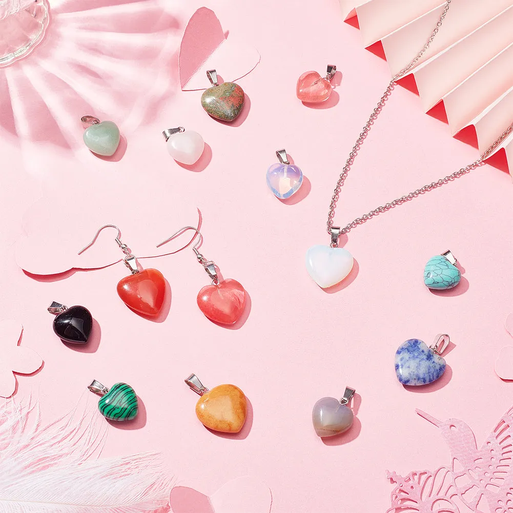 25Pcs Heart Natural & Synthetic Gemstone Pendants, with Platinum Tone Brass Findings, 17~22x15~21x5~9mm, Hole: 2x7mm