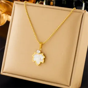 316L Stainless Steel Maple Leaf Zircon Pendant Necklace For Women
