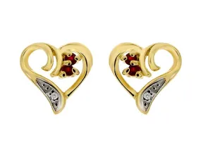 9ct Yellow Gold Ruby & Diamond Heart Stud Earrings