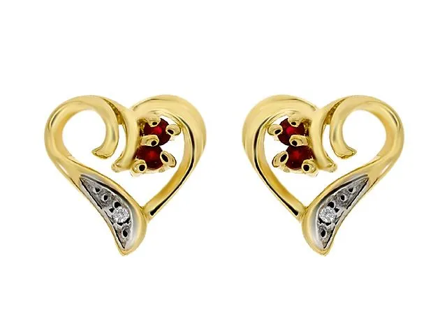 9ct Yellow Gold Ruby & Diamond Heart Stud Earrings