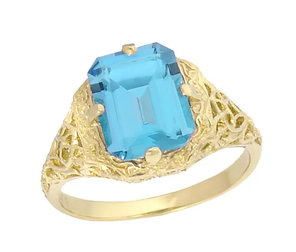 Art Deco Flowers and Leaves Swiss Blue Topaz Filigree Ring in 14 Karat Yellow Gold - December Birthstone