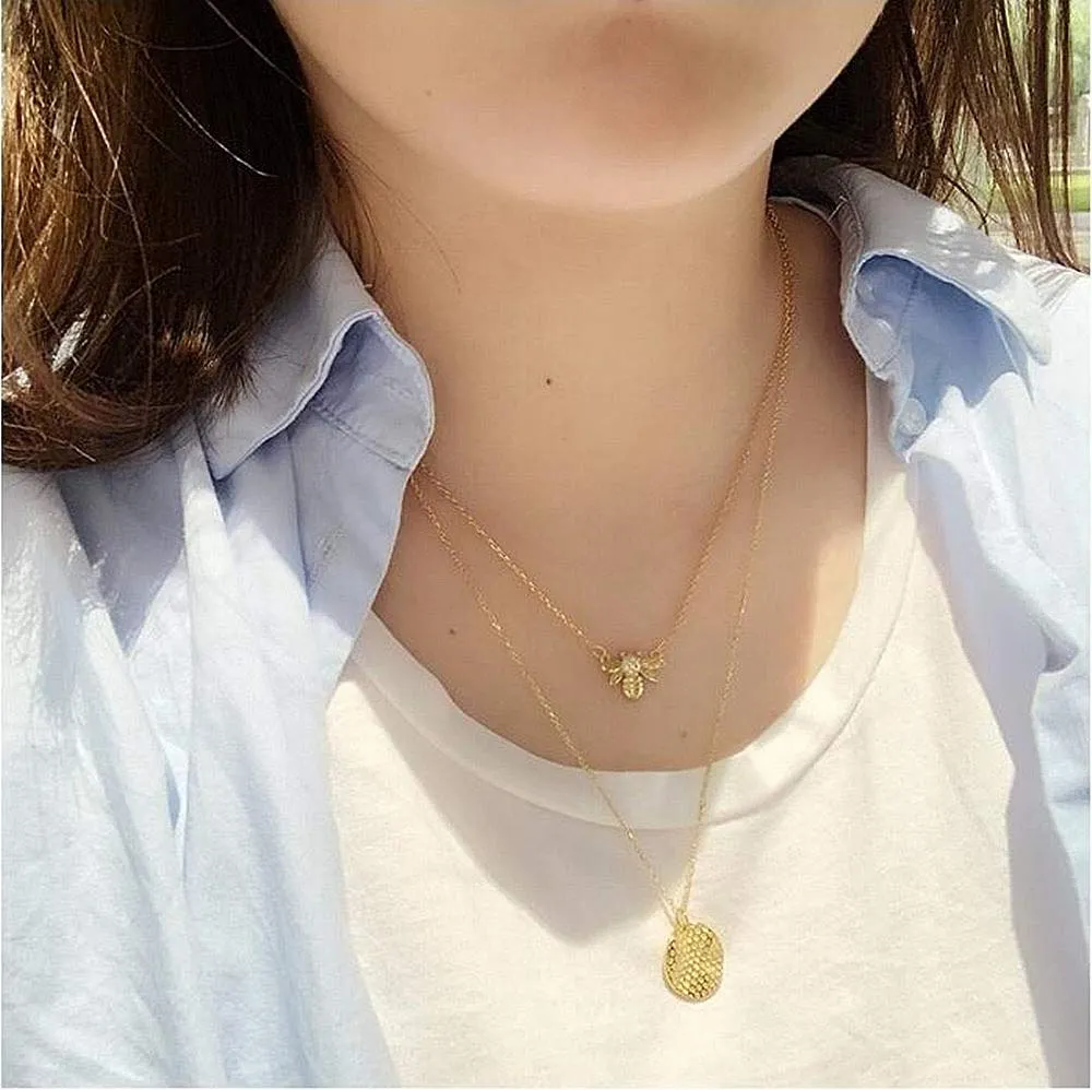 Bee Gold Coin Honeycomb Pendant Choker Necklace for Women Teen Girls S925 Sterling Silver Dainty Crystal CZ Diamond Queen Bee Bumble Bee Hive BFF Necklace Long Chain Cute Animal Charm Jewelry Gift