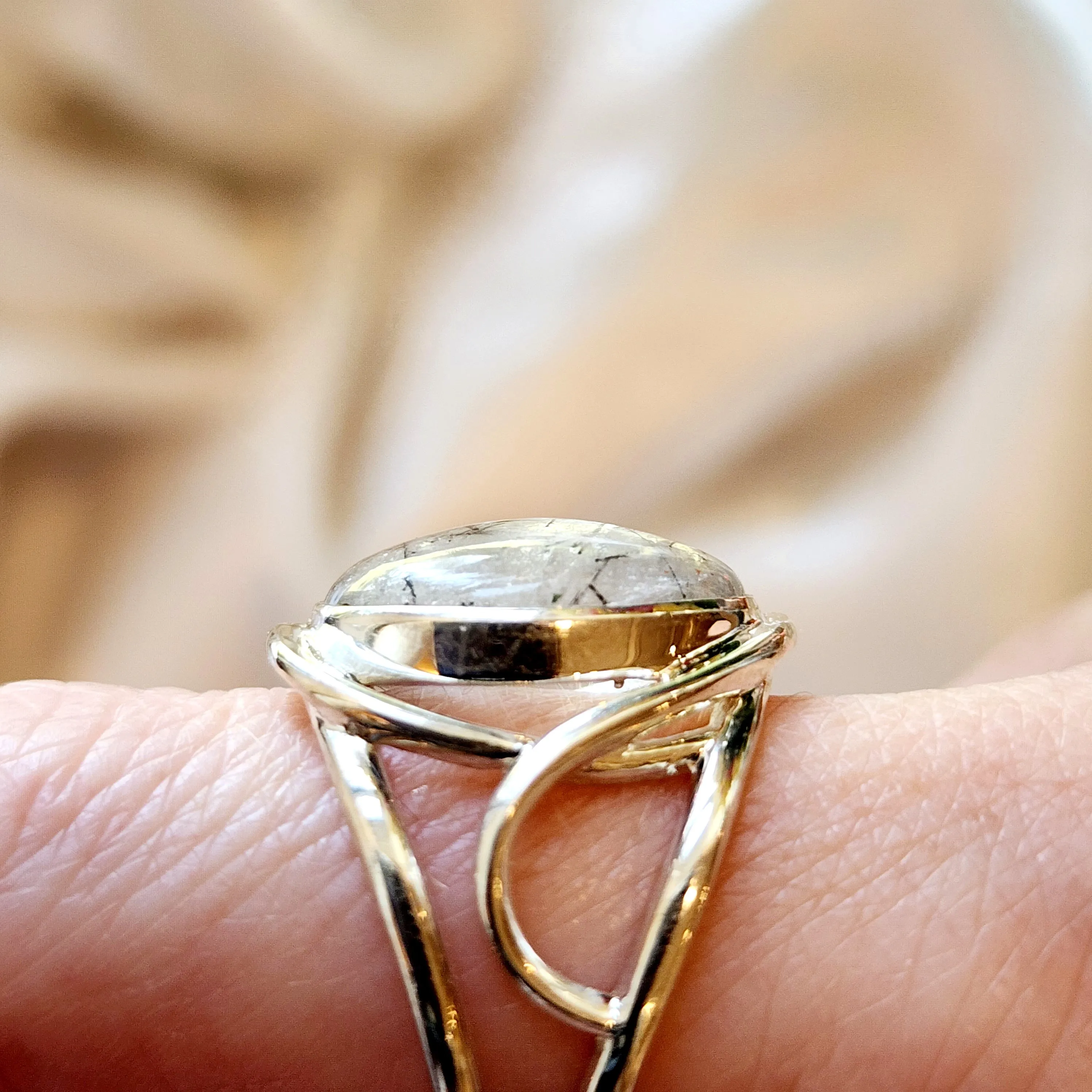 Black Tourmaline in Quartz Finger Cuff Adjustable Ring .925 Sterling Silver for Powerful Protection and Aura Cleansing