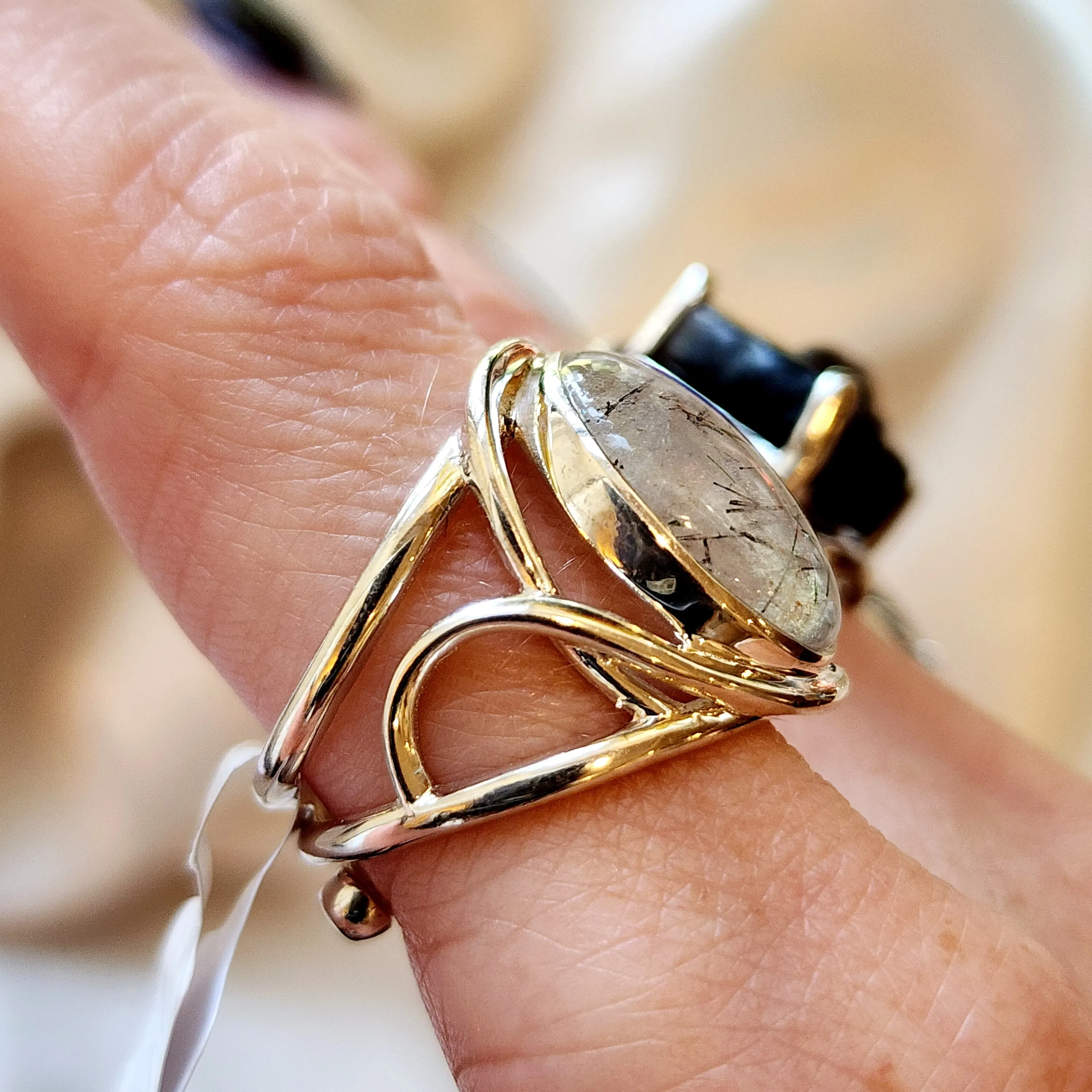 Black Tourmaline in Quartz Finger Cuff Adjustable Ring .925 Sterling Silver for Powerful Protection and Aura Cleansing