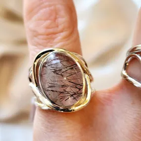 Black Tourmaline in Quartz Finger Cuff Adjustable Ring .925 Sterling Silver for Powerful Protection and Aura Cleansing