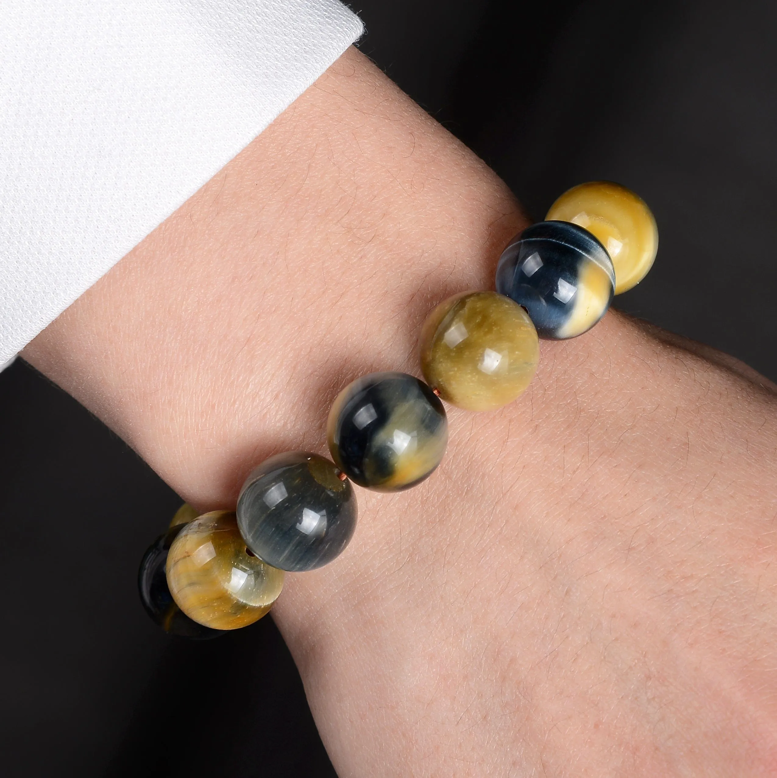 Blue and Yellow Tiger Eye Natural Gemstone Bead Elastic Bracelet