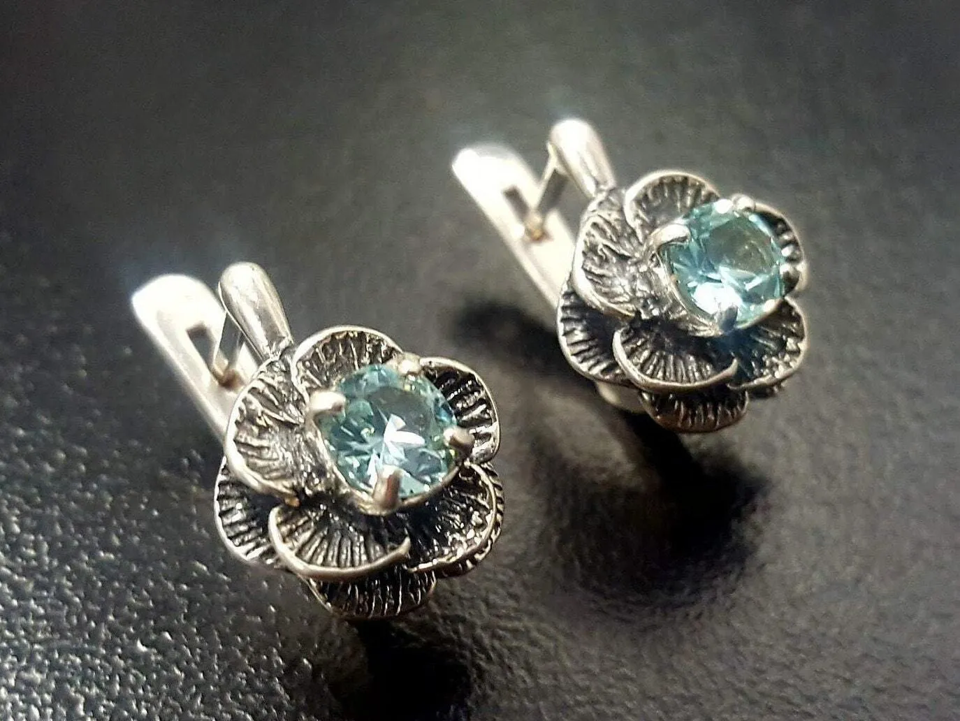 Blue Topaz Flower Earrings - Natural Blue Topaz Studs - Vintage Rose Earrings