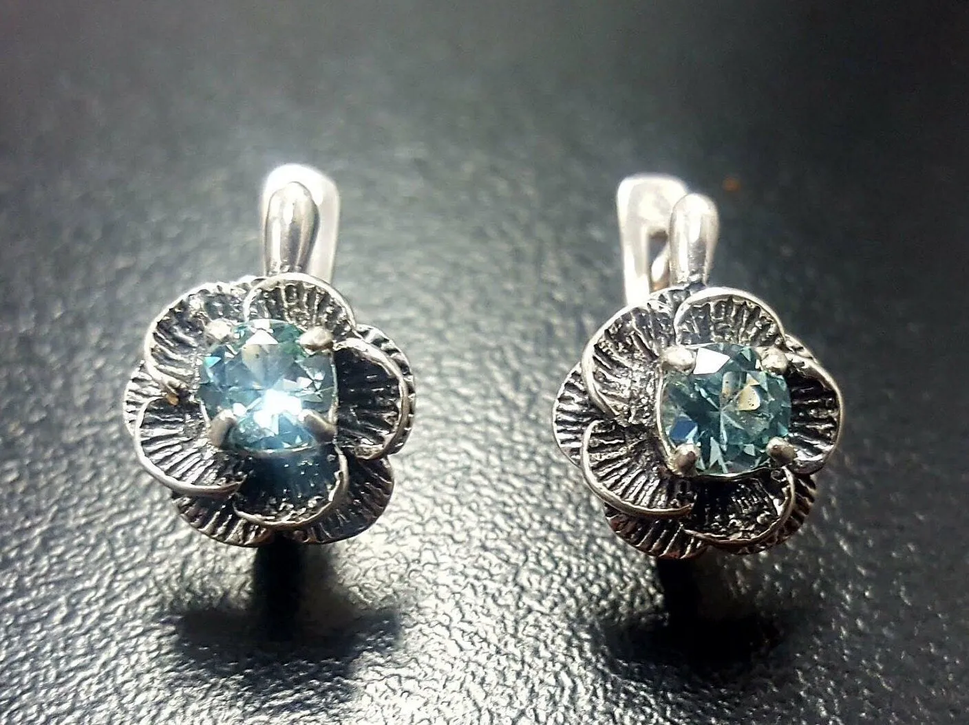 Blue Topaz Flower Earrings - Natural Blue Topaz Studs - Vintage Rose Earrings
