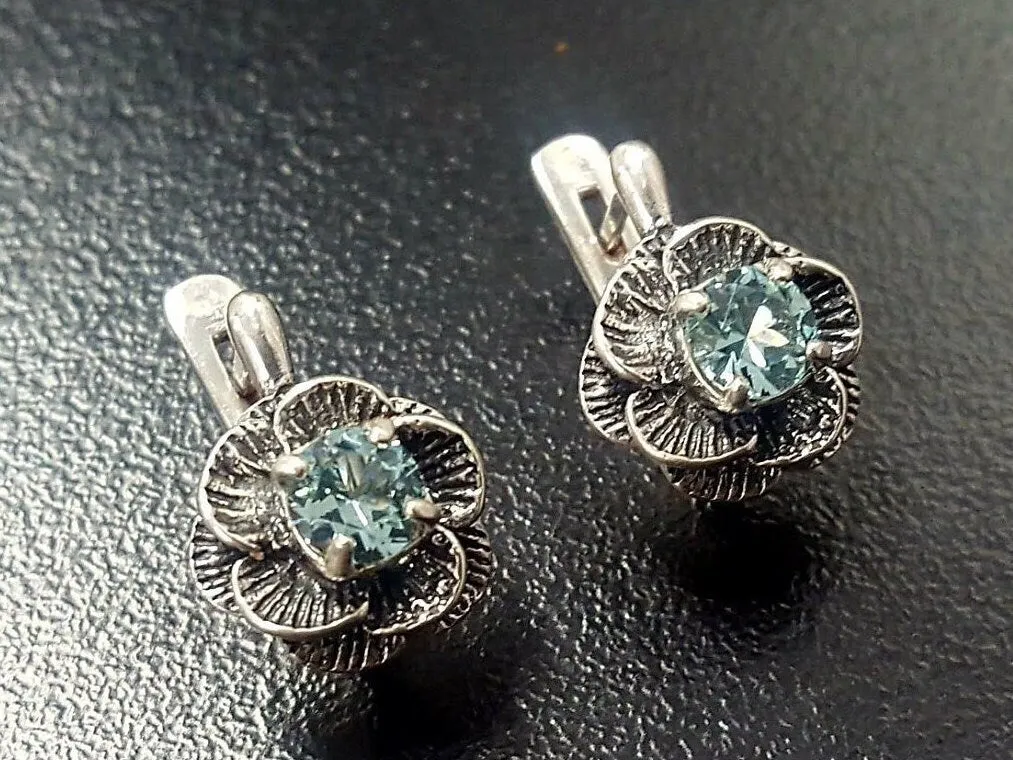 Blue Topaz Flower Earrings - Natural Blue Topaz Studs - Vintage Rose Earrings