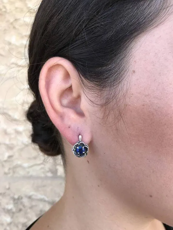 Blue Topaz Flower Earrings - Natural Blue Topaz Studs - Vintage Rose Earrings