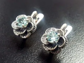 Blue Topaz Flower Earrings - Natural Blue Topaz Studs - Vintage Rose Earrings