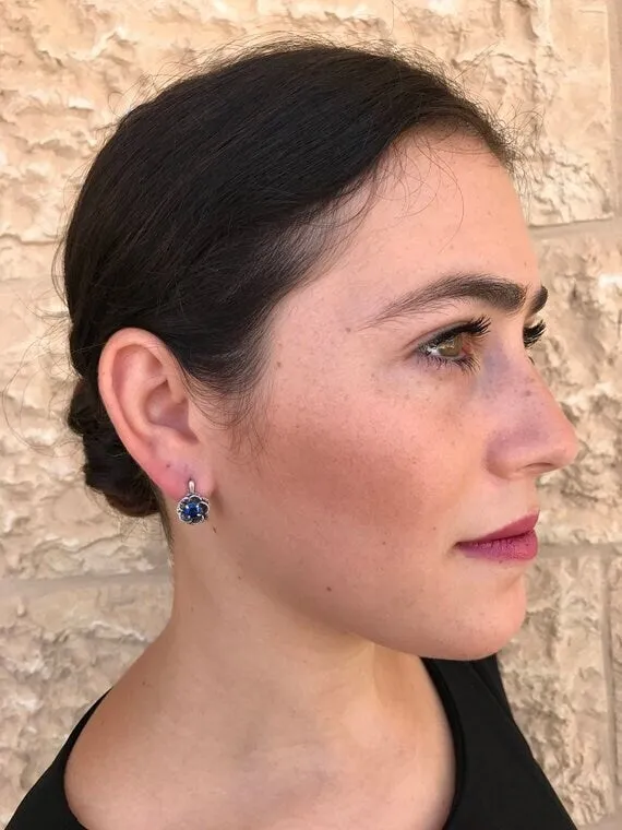 Blue Topaz Flower Earrings - Natural Blue Topaz Studs - Vintage Rose Earrings