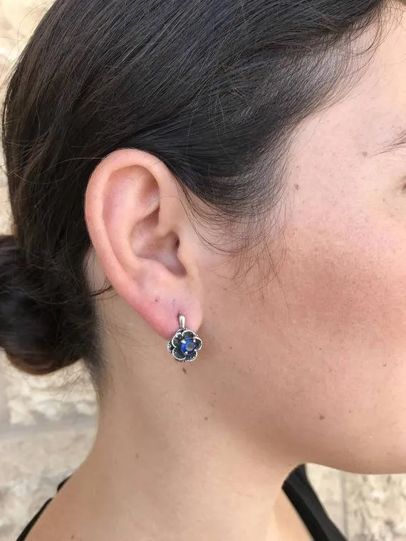 Blue Topaz Flower Earrings - Natural Blue Topaz Studs - Vintage Rose Earrings