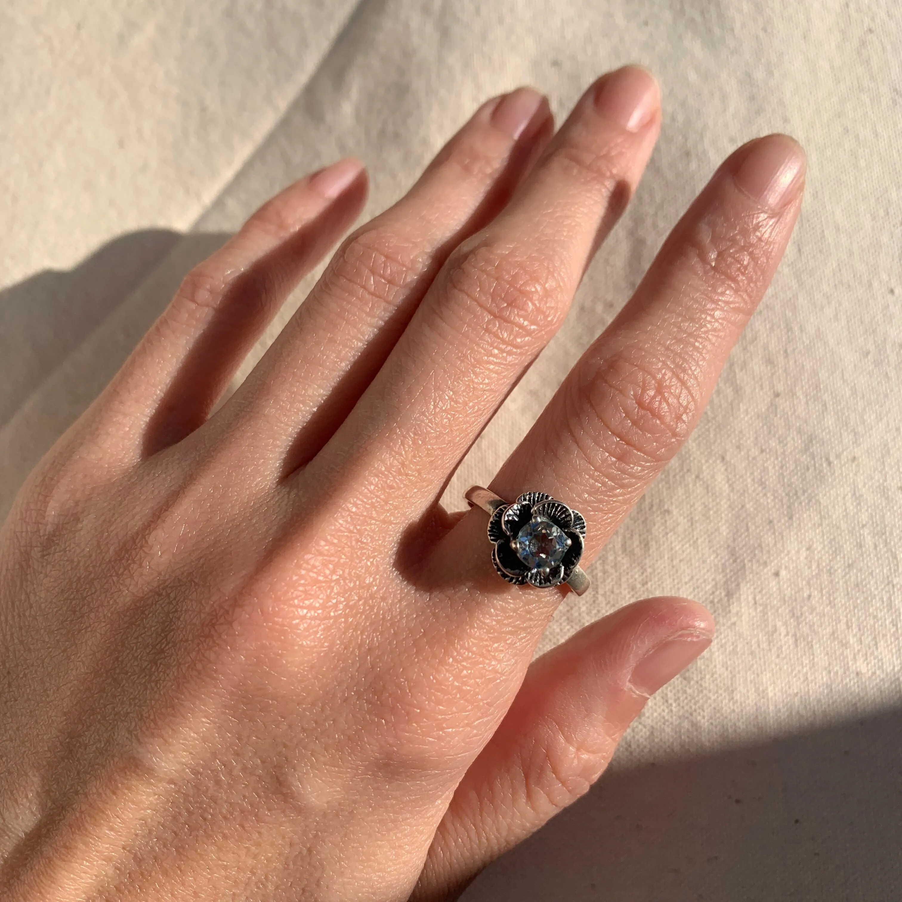 Blue Topaz Flower Ring - Natural Blue Topaz Ring - Vintage Rose Ring
