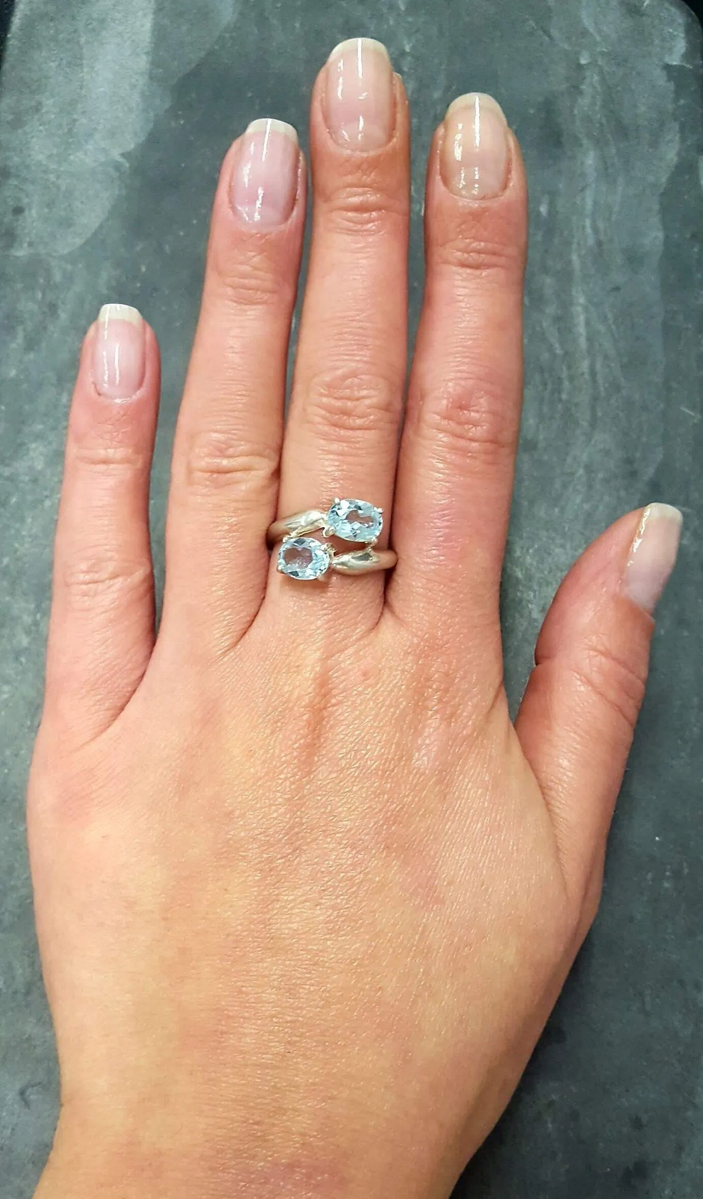 Blue Topaz Ring - Two Stone Ring - Blue Bypass Ring