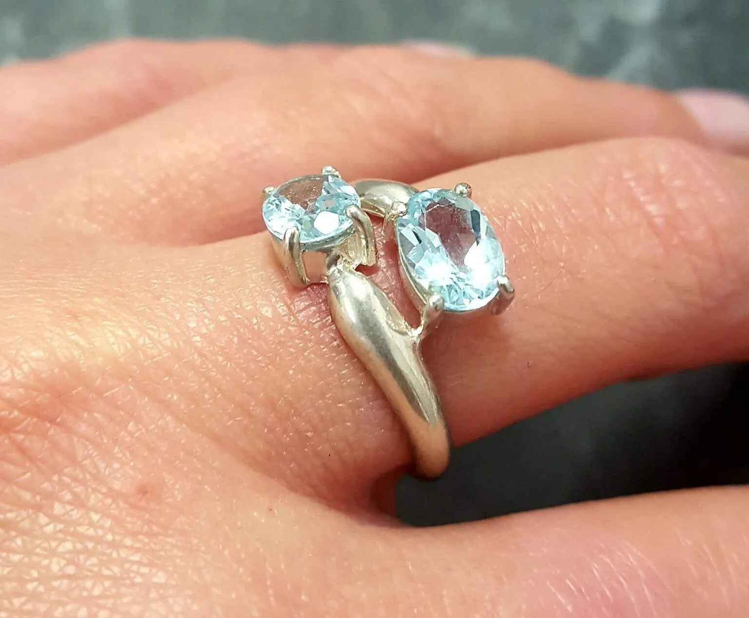 Blue Topaz Ring - Two Stone Ring - Blue Bypass Ring