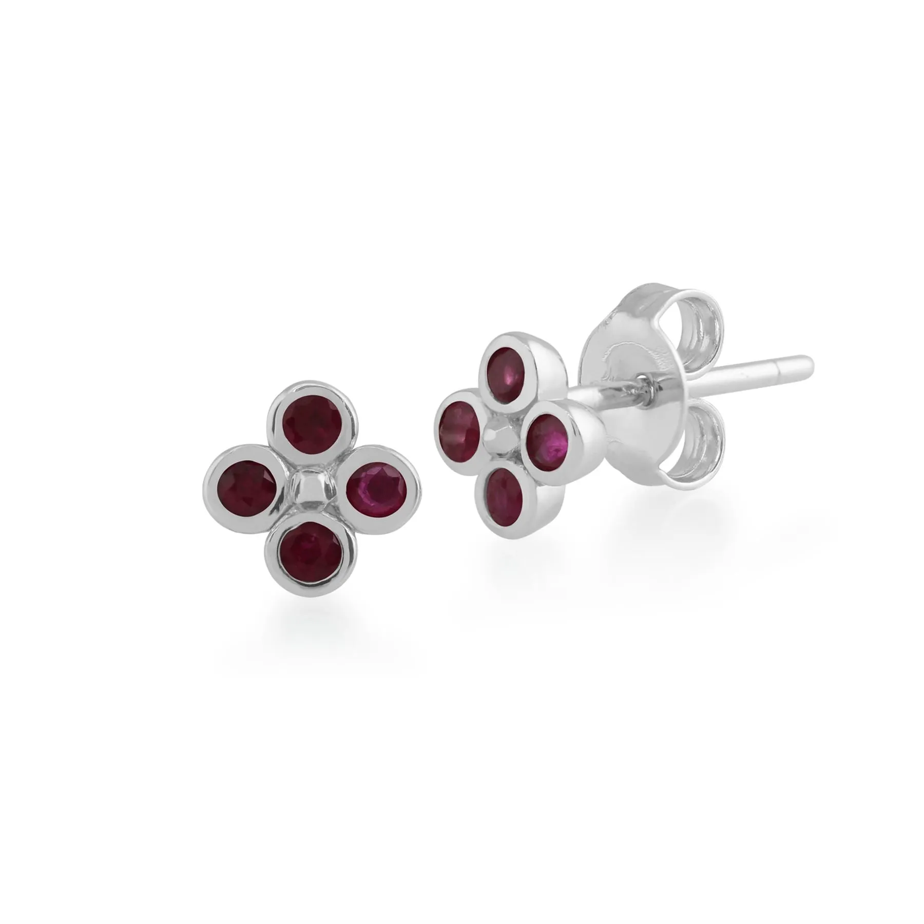 Boucles d'Oreilles Clou Floral Trèfle Argent 925 Rubis Sertis Clos