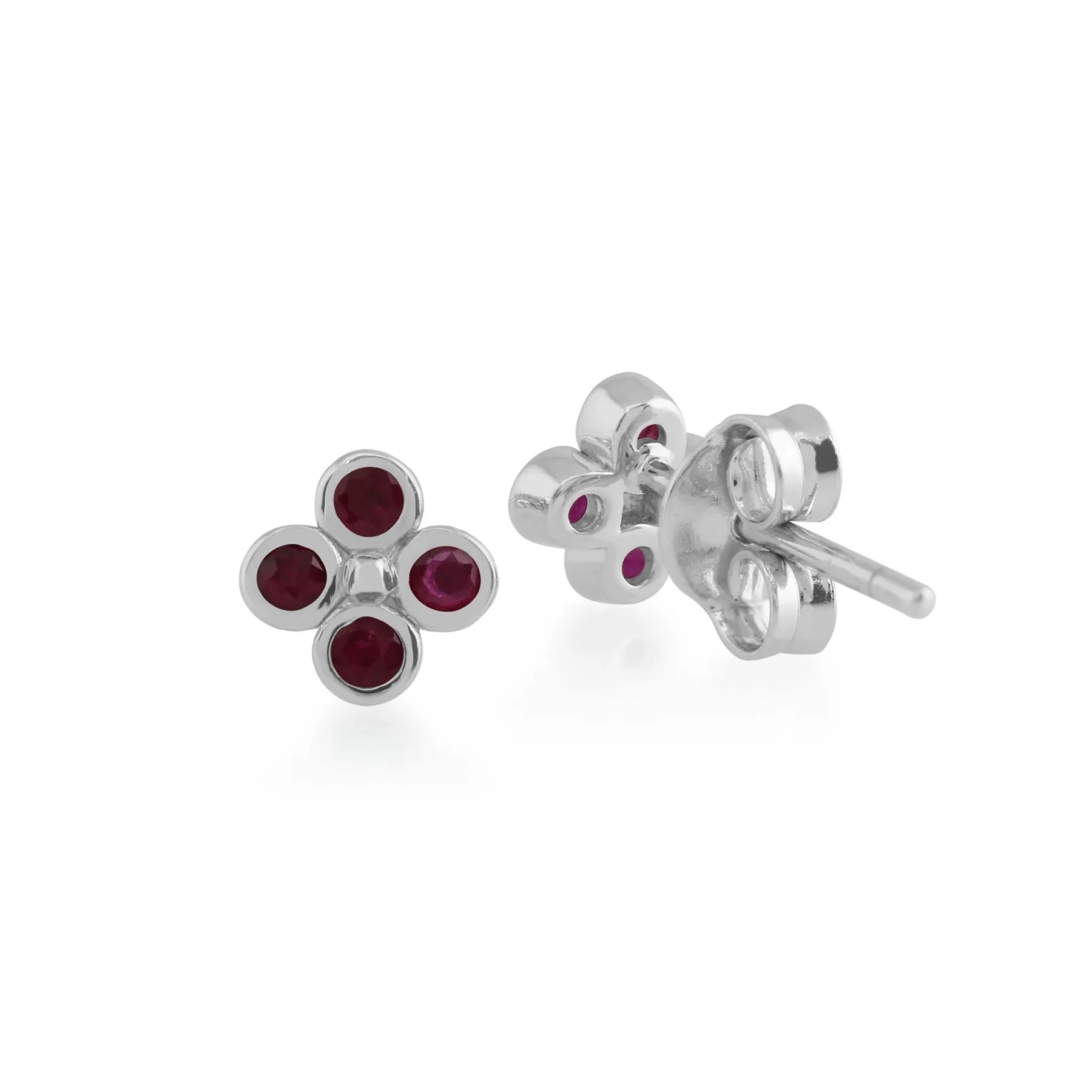 Boucles d'Oreilles Clou Floral Trèfle Argent 925 Rubis Sertis Clos