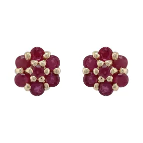 Boucles d'Oreilles Clou Style Floral Or Jaune 375 Rubis Pavé
